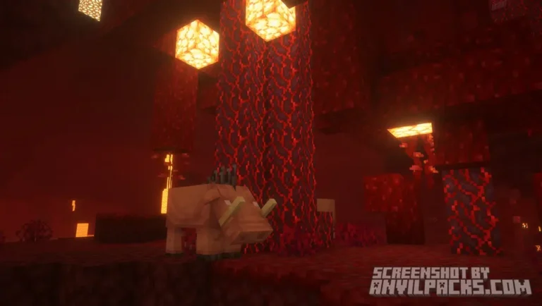 Crimson Forest biome in the Nether with red atmospheric fog and a Hoglin standing near glowing shroomlights.