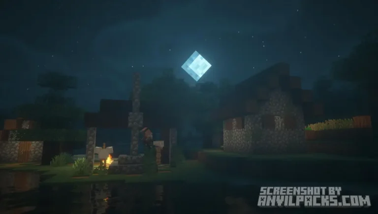 Night scene with a tilted square moon and blue atmospheric lighting over a river.