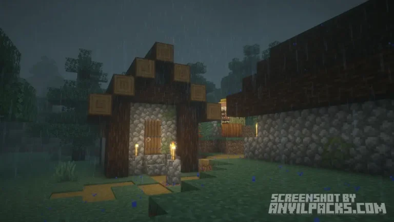 Rainy weather scene showing wet reflections on cobblestone and grass blocks in a village.