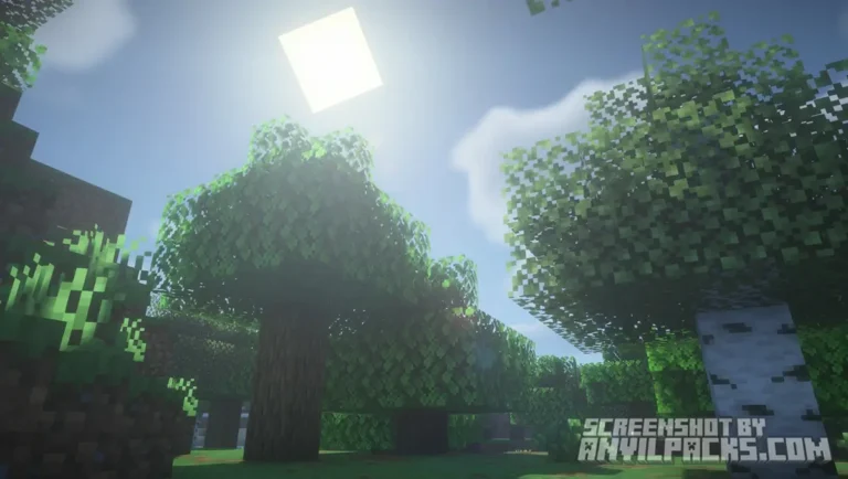 Bright sunlight filtering through tree leaves creating light shafts and bloom effects.