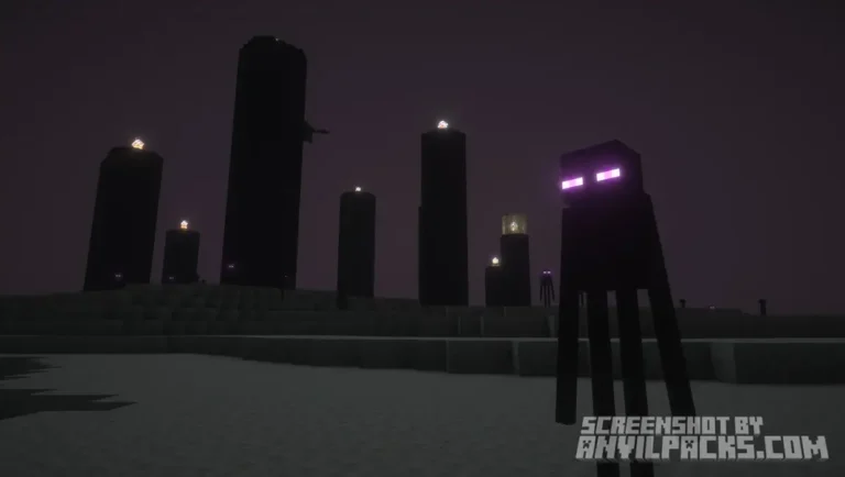 The End dimension showing Endermen and obsidian pillars with a dark purple sky gradient.