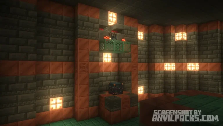 Trial Chamber interior featuring oxidized copper blocks and a spawner illuminated by orange light sources.