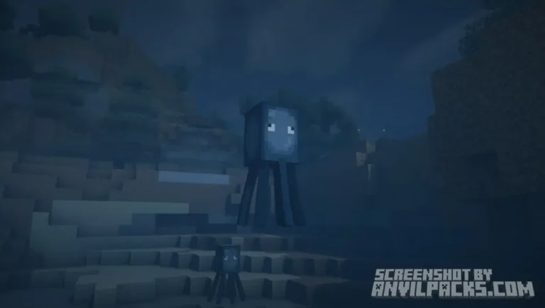 Underwater view with blue fog and glowing glow squids swimming near the sea floor.