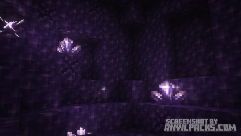 Glowing amethyst clusters inside a dark geode cave showing emissive lighting effects in Complementary Reimagined.