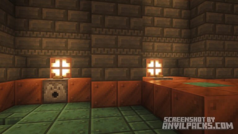 Lit redstone lamps casting warm point light on oxidized copper blocks in Complementary Reimagined.