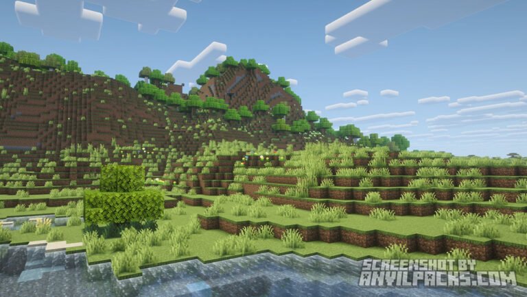 Grassy hills and trees under a blue sky with stylized square clouds in Complementary Reimagined.