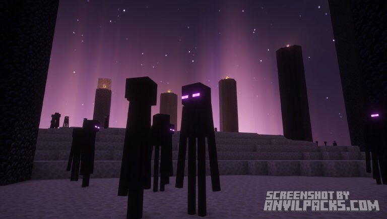 Endermen standing on end stone with purple atmospheric fog and stars in Complementary Reimagined.