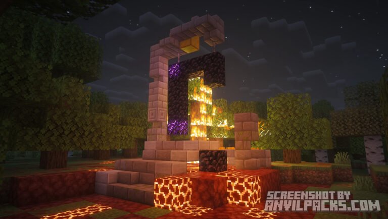 Ruined portal structure at night with glowing magma blocks and fire illuminating the forest in Complementary Reimagined.