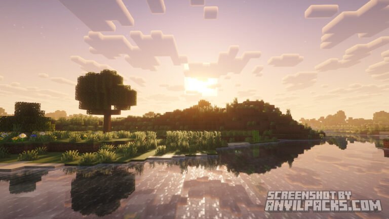 Sunset scene with bright sun glare and real-time water reflections in Complementary Reimagined.