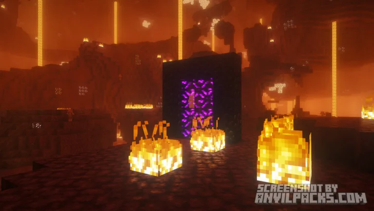 Nether portal surrounded by fire blocks and lava with intense orange lighting effects.