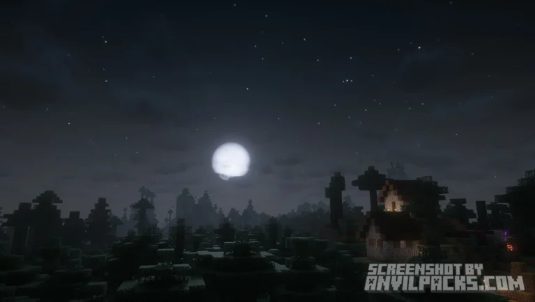 Night landscape showing a bright moon, heavy atmospheric fog, and a lit house in the distance.