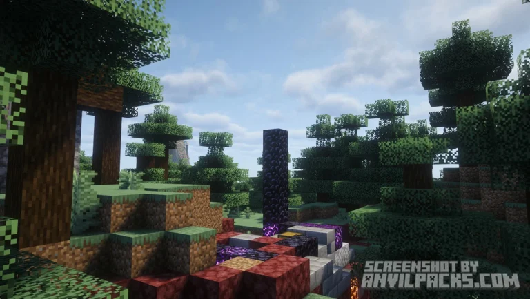 Ruined Portal structure in a forest biome under bright daylight with realistic shadows.