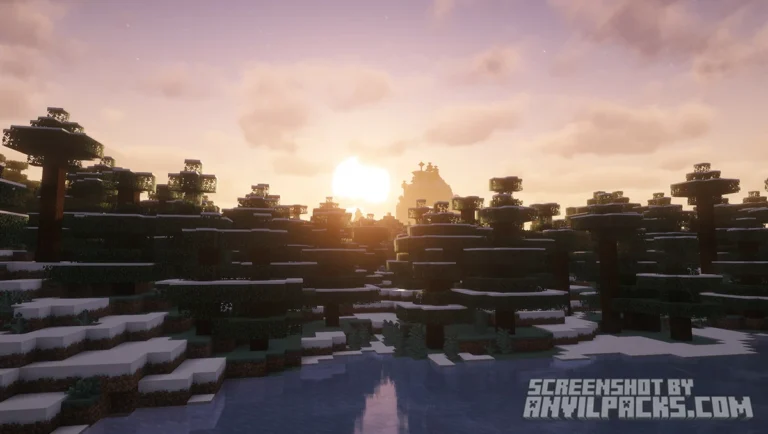 Snowy spruce forest landscape at sunset with golden sunlight reflecting on the snow.