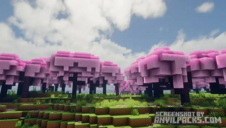 Cherry Grove biome featuring pink cherry blossom trees and green grass under a bright cloudy sky.
