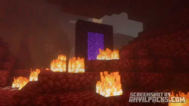 Lit Nether portal surrounded by fire blocks and dense red atmospheric fog in the Nether dimension.