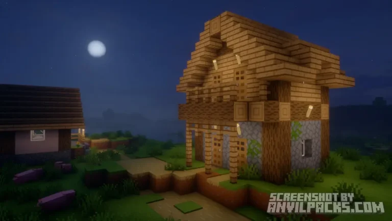 Wooden house at night illuminated by torches with a bright moon and atmospheric fog in the background.