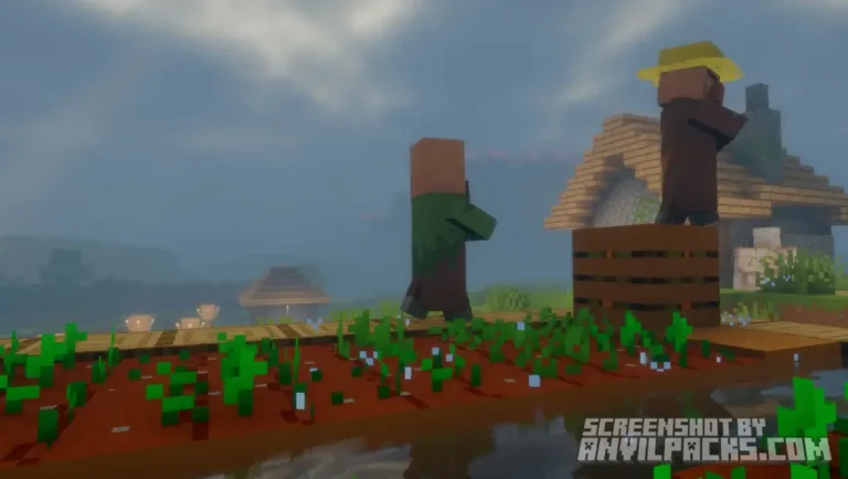 Villagers standing on farmland during rainy weather with gray overcast sky and wet ground effects.