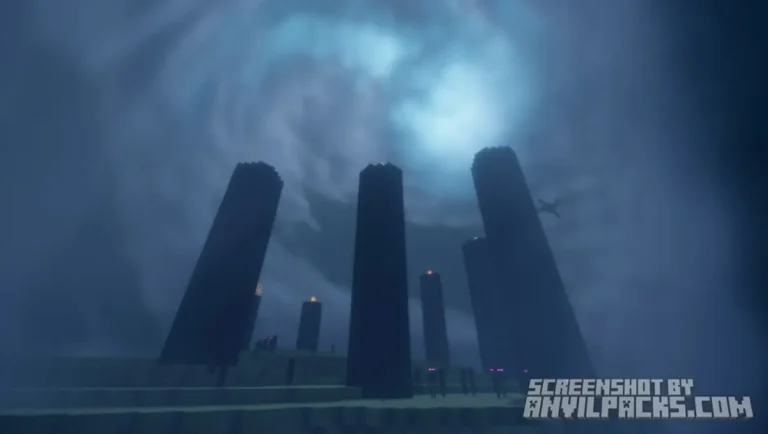 Ender Dragon flying between obsidian pillars shrouded in thick blue volumetric fog in The End.