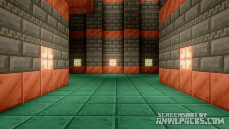 rial Chamber interior featuring oxidized copper blocks and tuff bricks illuminated by orange light sources.