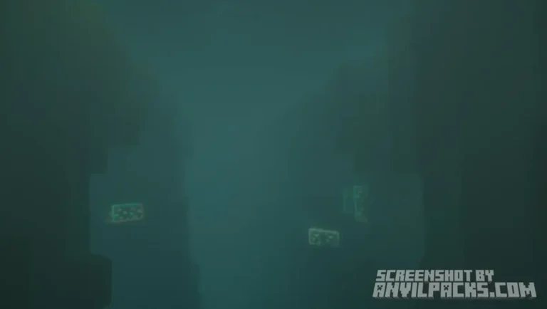 Deep underwater view showing dense murky fog and faint light from glow lichen in an ocean ravine.