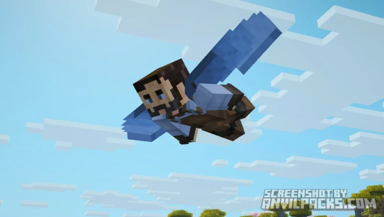 Realistic Elytra flight animation with the player's arms and legs streamlined against the body.