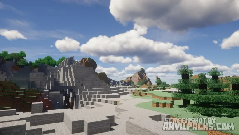 Mountain landscape during the day featuring realistic clouds and sharp shadows cast by the terrain.