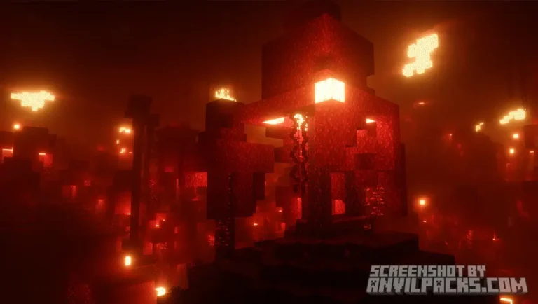 Nether dimension showing a red nether brick structure surrounded by dense atmospheric fog.