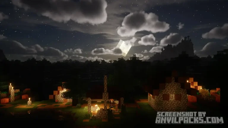 Night scene in a village with a bright square moon shining through clouds and torch light on a house.