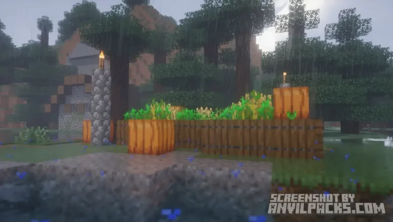 Rainy weather scene showing wet pumpkins and crops with visible rain drops.