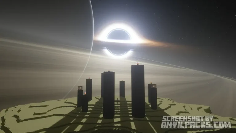 The End dimension featuring a massive glowing black hole and planetary rings skybox above obsidian pillars.
