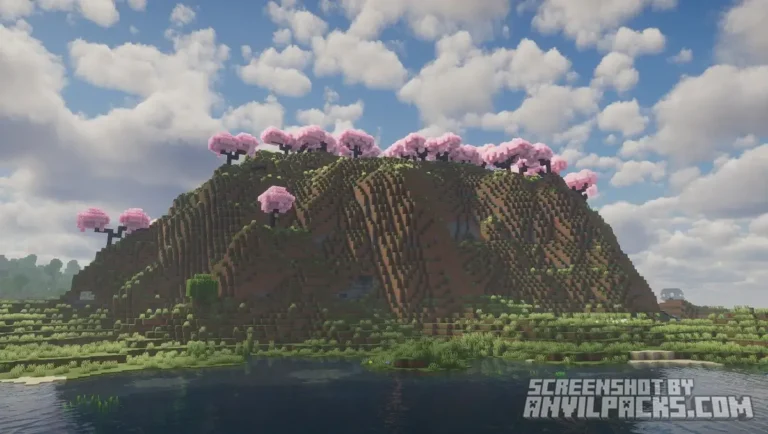 Cherry Grove biome on a hill with realistic water reflections and volumetric clouds in Photon Shaders.