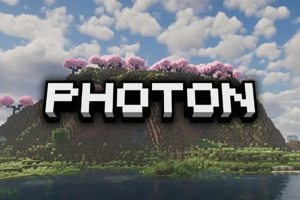Cover art displaying the Photon Shaders logo over a Cherry Grove biome background in Minecraft.