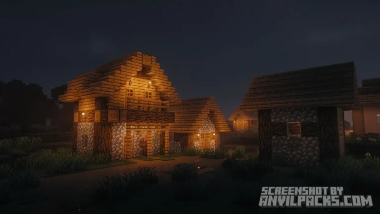 illage houses at night illuminated by warm torch light in Photon Shaders.