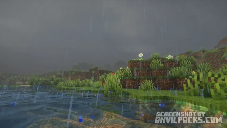 Rainy weather showing wet ground reflections and puddles on grass in Photon Shaders.