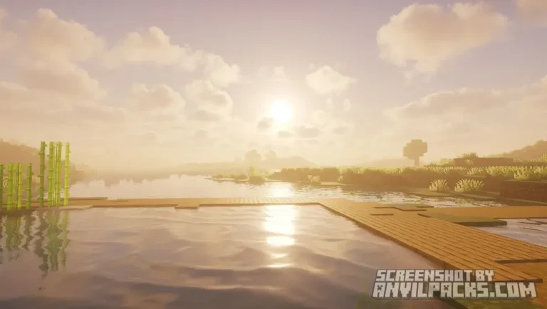 Bright sunset over a lake with detailed water reflections and atmospheric lighting in Photon Shaders.