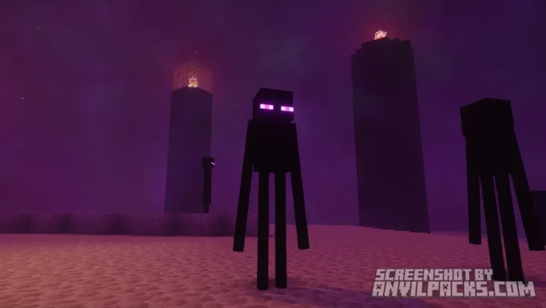 Endermen standing in The End dimension with purple fog and glowing obsidian pillars in Photon Shaders.