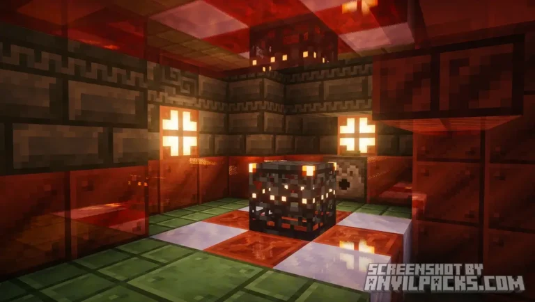 Monster spawner in a dungeon structure with moody red lighting and metallic textures in Photon Shaders.