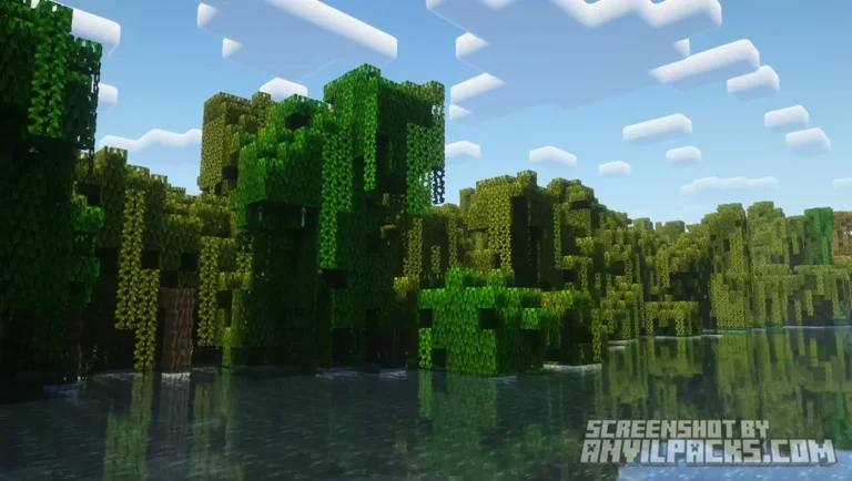 Mangrove Swamp biome with dense trees and green water reflections in bright daylight.