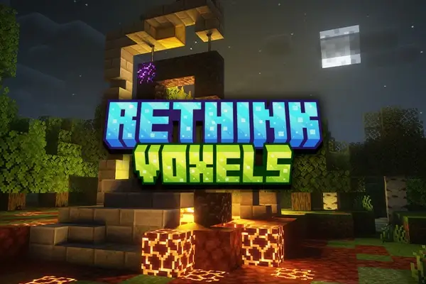 Cover art displaying the Rethink Voxels logo over a Minecraft night scene with colored block lighting.