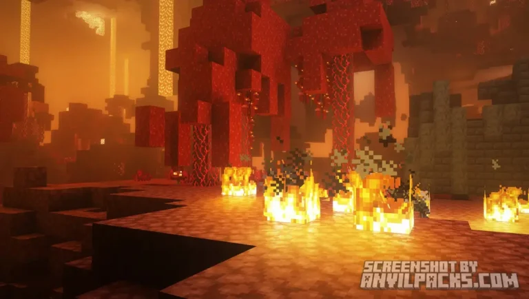 Crimson Forest biome in the Nether showing red trees, fire, and atmospheric fog.
