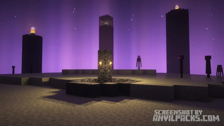 Bedrock exit portal in The End dimension surrounded by obsidian pillars and purple sky.