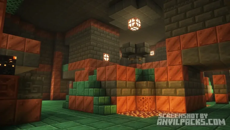 Interior of a Trial Chamber featuring copper blocks and tuff bricks lit by orange light sources.