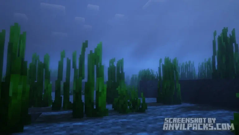 Underwater view showing tall seagrass and dense blue fog in Rethink Voxels shader.