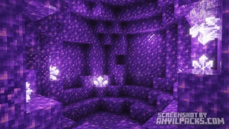 Interior of an Amethyst Geode showing glowing crystal clusters and purple block textures in Solas Shaders.