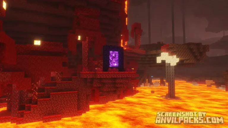 Nether portal standing near a lava lake with glowing fire and basalt blocks in the Nether dimension.
