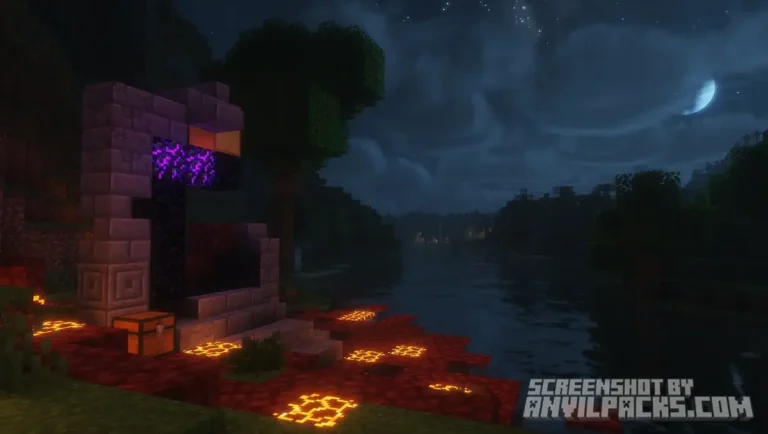 Ruined Portal at night with glowing magma blocks and purple light reflecting on the river surface.