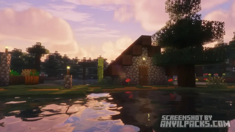 Sunset view showing a stone house next to a lake with detailed orange water ripples.