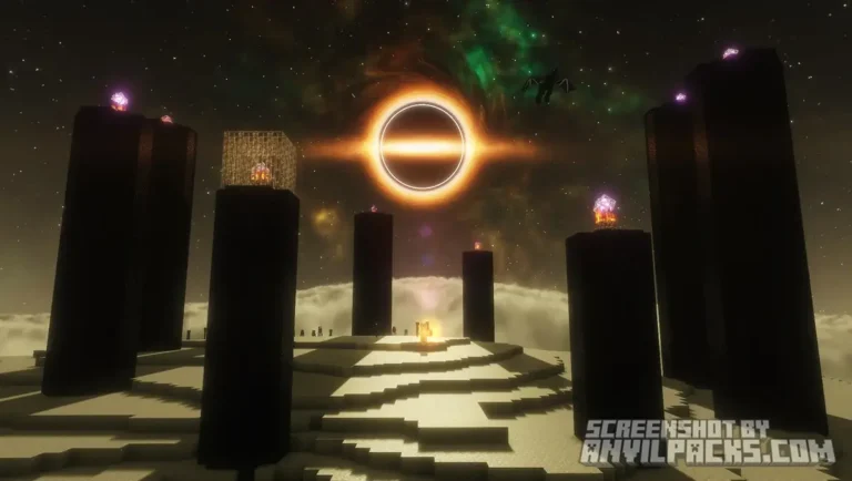 The End dimension featuring a massive glowing black hole skybox above obsidian pillars and Endermen.