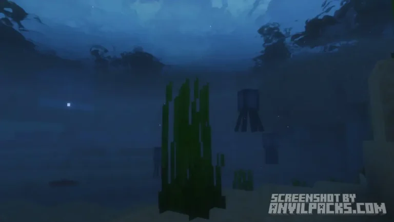 Underwater scene featuring glowing glow squids and seagrass in dark blue water.