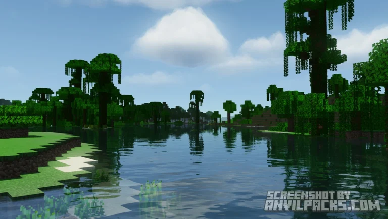 Jungle biome in broad daylight featuring clear blue water and soft cloud shadows.